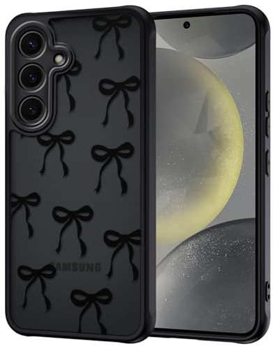 TVVTPU Handy Hülle für Samsung Galaxy S24 5G mit Vollständiger Kameraschutz, Aesthetic Motiv Schleifen Muster Handyhülle Anti-Fingerabdruck Matt Transluzente Rückseite Stoßfest Kratzfest Case, Schwarz