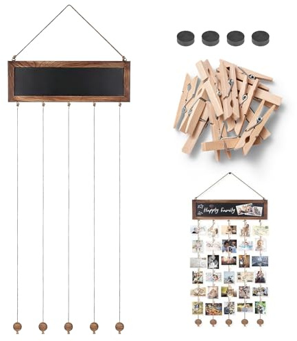 quiodok Bilderrahmen mit Klammern und Leine, Fotowand mit 30 Holzklammern | DIY Collage Fotoseil Fotoleine, für Wohnkultur Schlafzimmer, Zum Postkarten Aufhängen