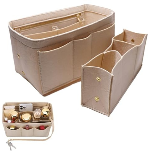 Taschenorganizer i filt för handväskor, 30x17x16 cm, stor kapacitet med flera fack, innertaskorganiserare för väska och shopperväskor (Beige, Stor)