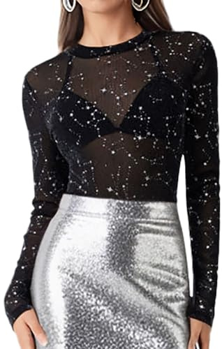 IECCP Nättopp damer sexig nättopp transparent nät topp svart nät sheer toppar långärmad skjorta casual toppar ren blus tyll nät t-shirt tunika klubbkläder party gå ut musikfestival, Gyllene glitter, S