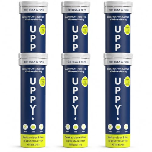 Uppy! Elektrolyttabletter Vätskeersättning för resa, flyg & träning Citron & lime med ingefära Låg sockerhalt 60 brustabletter