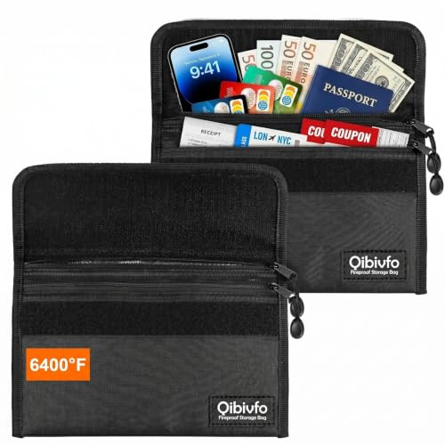 Qibivfo 2er Set Feuerfeste Tasche (21,5 × 15 cm, 6400℉), 12-lagige Wärmedämmung, Feuerfeste Geldtasche mit doppeltem Reißverschluss, Kleine Dokumententasche für Bargeld, Reisepass, Quittungen