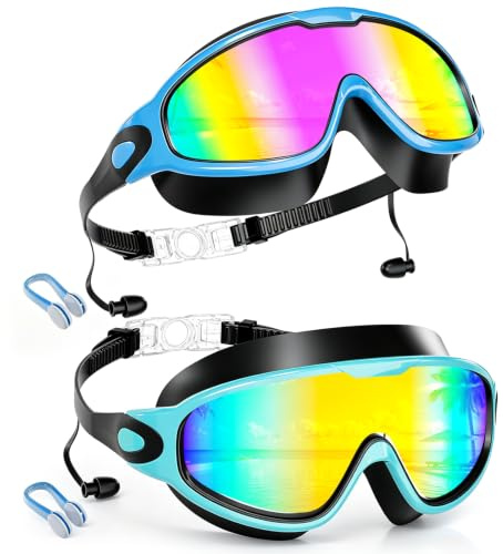 SwiwWave Wide View Swim Goggles 2 Pack for Kids 3-14 Anti-Fog with Earplugs | UV Protection, Adjustable Silicone Strap, Won't Pull on Hair - Swimming Goggles for Girls Boys