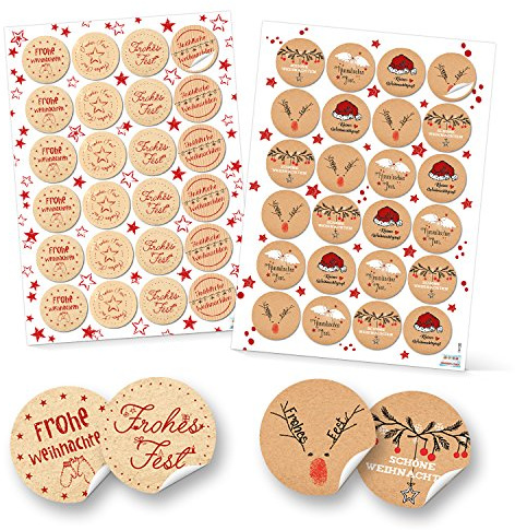 Set 48 weihnachtliche Geschenkaufkleber mit Text Weihnachtsaufkleber mit Text Frohe Weihnachten natur Verpackung Etiketten 4 cm Premium Made in Germany Logbuch-Verlag
