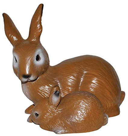 RAKSO Deko Garten Figur Dekofigur Gartenfigur Tierfigur Hase mit Kleinem liegend braun aus Kunststoff Höhe 21 cm