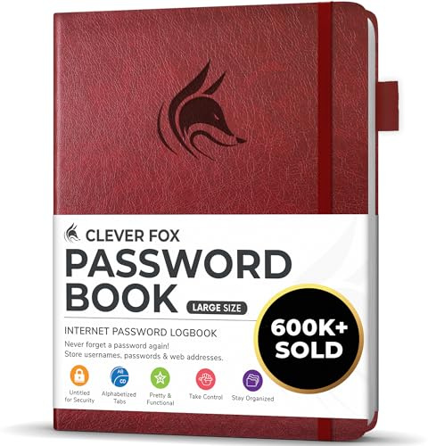 Clever Fox Passwortbuch mit Registerkarten, Großes, Weinrot | Adress- und Passwort-Organisationsbuch mit alphabetischen Registerkarten - Passwortbuch für Computer- und Website-Logins
