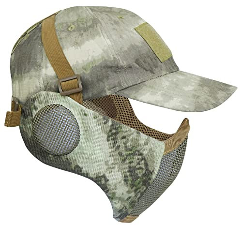 Yzpacc Airsoft Halbgesichtsmaske und Patch-Hut Set Stahlgeflecht Maske mit Ohrenschutz und Baseballkappe Taktische Schutzmaske für CS Spiel BB Gun Paintball Jagd Schießen