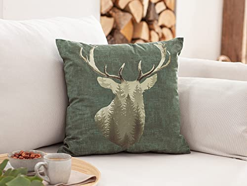 Dekoleidenschaft Kissenhülle Waldhirsch, 45x45 cm, grün in Samt-Optik, Kissenbezug mit Hirsch-Motiv, Zierkissen-Bezug im Landhaus-Stil, Sofakissen-Hülle