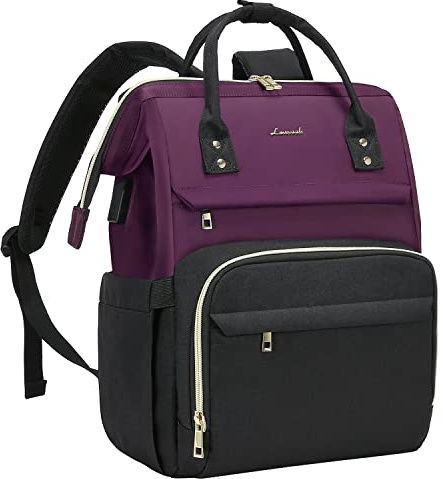 LOVEVOOK Laptop Backpack Women 15.6 inch, Work Bags for Womens, School Computer Bag with USB Port for Business College Travel, Rucksack for Teacher Nurse,PurpleBlack