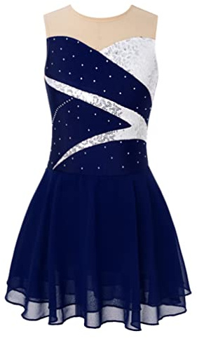iiniim Maillot Vestido de Patinaje Niña Vestido de Ballet Malla sin Mangas Danza Patinaje con Diamante Brillante Ropa de Baile Fiesta Actuación D Azul Oscuro D 12 años