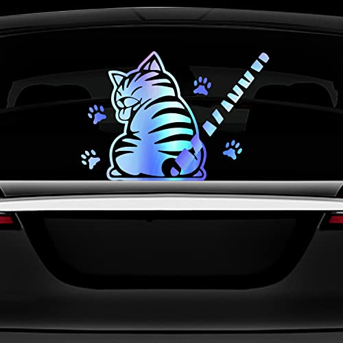 Leniutor Funny Cat Wiper Sticker for Cars, 16 Colors Waterproof Vinyl Waving Tail Wiper Decals for Rear Window Bumper Trunk Decal Decorations Cute Animal Car Stickers 7.4”x9.6” (Laser Blue)