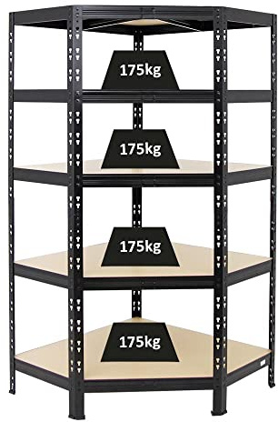 PROREGAL Étagère d'angle Charge Lourde Tiger | HxLxP 180x90x45cm | 175kg par Niveau | Noir Étagère Robuste de Garage, Atelier, Cave, sous-Sol, Stockage, Rangement, rayonnage