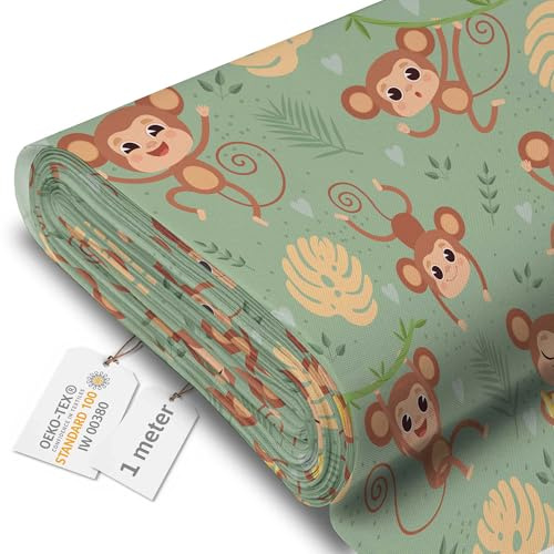 DreamRoots Markisenstoff Meterware, Monkey on Jungle, 1 m | Oxford Segeltuch wasserdicht, Polsterstoff, 220 g/m² 600D, 160 cm breit, Kinderstoff, für Deko & Nähen