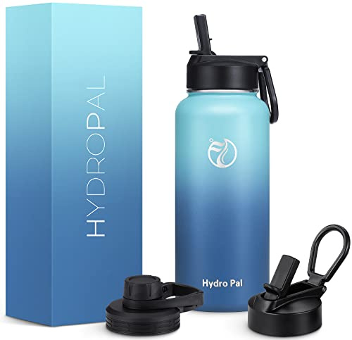 HydroPal 1L Edelstahl Isolierflasche,Trinkflasche mit Strohhalm 2 Deckel | BPA-frei, 24h kalt & 12h heiß Vakuumflasche, auslaufsicher Wasserflasche, Stroh- und Ausgussdeckel Sportflasche für Alltag