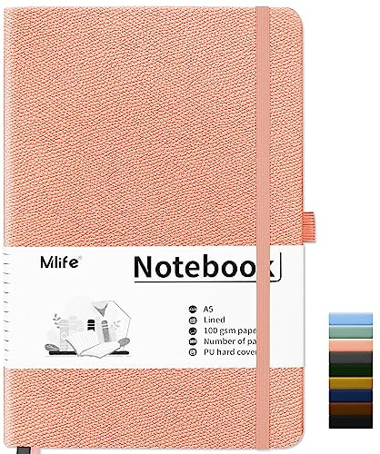 Mlife A5 Linjerad Anteckningsbok, Anteckningsbok med 200 Sidor, Tjockt 100 G/M² Bläckbeständigt Papper, Anteckningsbok med Pu-Hårt Omslag, Innerficka, Elastiskt Band, Bullet Journal & Dagbok (rosa)