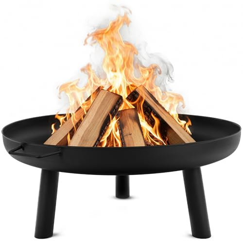 Lehmann Feuerschale Ø 80 cm - 3 stabile Füße, 2 Tragegriffen & Wasserablaufbohrung - Feuerkorb für Lagerfeuer aus robustem Stahl - Feuerschalen für den Garten, Terrasse und Camping - Schwarz