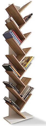 MeblePitus Bücherregal Weiß 55 cm x 221,8 cm Sonoma-Eiche - Bookshelf für Wohnzimmer, Arbeitszimmer, Flur - Bücherregale, Baum DVD CD Regal, Buchregal in Baumform