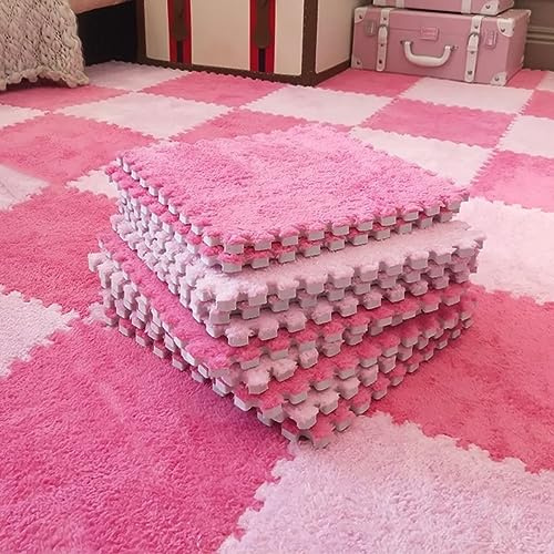 Typutomi 12pcs Plush Puzzle Foam Floor Mat, Soft Thicken Fluffy Interlocking Square Foam Tiles Area Rugs Carpet for Parlor Bedroom Decoration(11.8x11.8x0.55in,Rose Red&Pink)