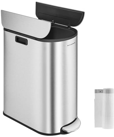 SONGMICS Mülleimer Küche, Mülltrennsystem 2 Fächer, 30 L und 20 L, schmaler Abfalleimer, Treteimer für Recyclingmaterialien und Abfall, mit 2-teiligem Deckel, metallicsilber LTB570E50