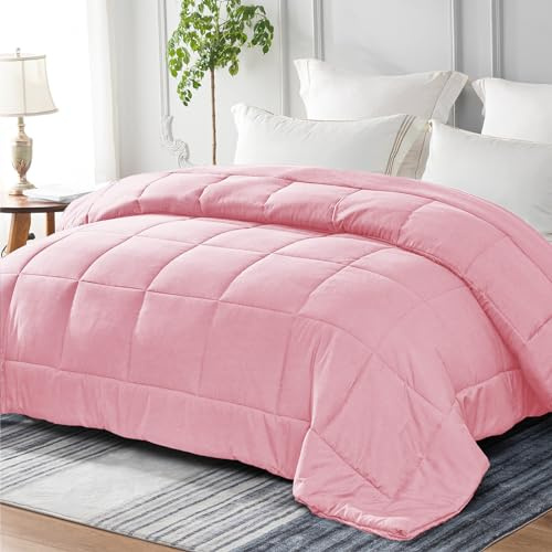 Yebeda Täcke för alla 4 årstider, 200 x 200 cm, lätt, varmt och supermjukt quiltat året runt-täcke, sovfilt, rosa