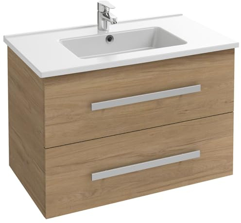 Jacob Delafon - Meuble OLA UP 80cm & Plan Simple Vasque Céramique - 2 Tiroirs Fermeture Douce - Grande Capacité - Chêne Colorado - 810x540x465mm - EBP2304-ECD | Tiroirs à fermeture progressive silencieuse. Plan vasque céramique émaillée