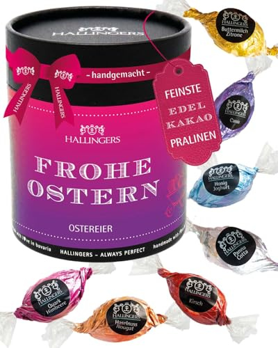 Hallingers Genuss Manufaktur Pralinen-Osterei Oster-Geschenk - ohne Alkohol, handmade aus Edelkakao in wertiger XXL-Geschenkdose Frohe Ostern, Ostern Körbchen für Frauen Männer