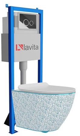 Lavita LAV 101 Vorwandelement für WC 40cm + Wand Hänge Tiefspül WC SOFI SLIM KRESZ Weiß/Blau Spülrandlos + Bedienplatte LAV 200.4.2 Verchromt | Komplettset | Unterputz Spülkasten | Komplett Sett