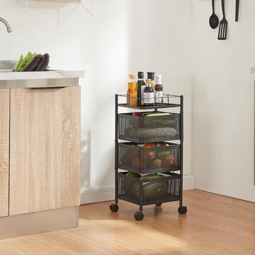 [en.casa] Carro de Servicio con 3 Cestas Rectangulares Verdulero con Paredes Perforadas y 2 Cestas Superiores Giratorias Carrito de Cocina Baño con 4 Ruedas Acero 65x27x27 cm - Negro