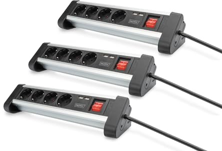 DIGITUS DA-70614 – Steckdosenleiste mit USB – 3 Stück – 2X USB Port (USB-A) – 4X Schutzkontakt Steckdose – Mit Schalter – USB Ladegerät – Für Schreibtisch & Wandmontage | 4x Schutzkontakt-Steckdose – Mit Schalter – Für Schreibtisch und Wandmontage