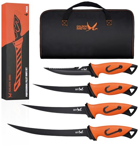 Golden Bird Filetiermesser Fisch set Fischmesser 5Cr15mov Filitiermesser scharf Fisch Full Tang Ausbeinmesser profi mit Scheide zum Filetieren und Entbeinen mit rutschfesten Griffen