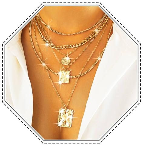 Jovono Boho-Halskette mit Gold-Pailletten-Anhänger, Halsketten mit kubanischen Gliedern, Kette, klobiges Halsketten-Set für Damen