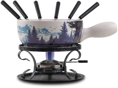 Artestia Serene Summits Swiss Design Fondue Set for Party - 2L Large Capacity Ceramic Fondue Pot Melting Cheese, Chocolate, 6 Fondue Forks, Fondue Party, Wedding Gifts
