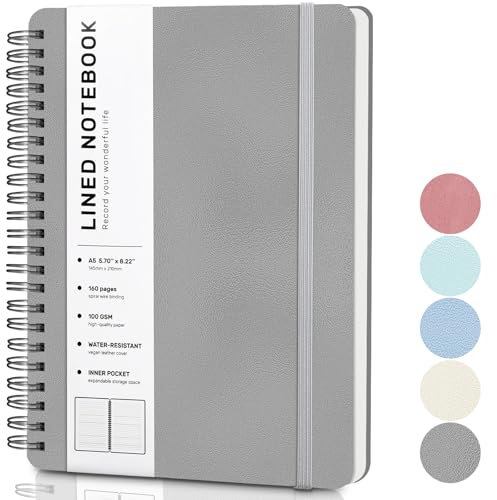 Lined Spiral Journal Notebook, A5 Hardcover Leather Notebook for Work, 5.7''×8.2'', 100GSM Thick Paper Spiral Bound Journaling Notebooks for Women & Men Office School Note Taking Business, Morandi