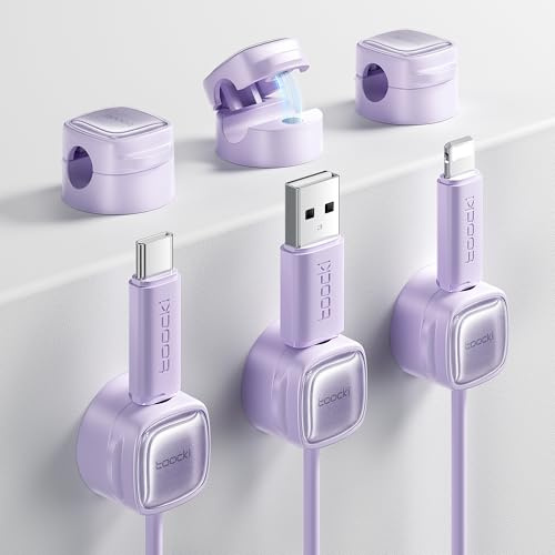 toocki Soportes para Cables, Clips Ajustables, Organizador de Cables Magnéticos, Soporte Autoadhesivo para Escritorio, Mesita de Noche, Cables de Carga, HDMI, USB, Cable de Audio (morado, 6)