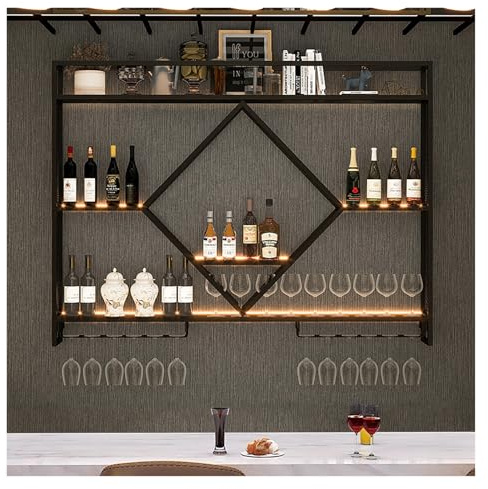 AKOGG Portabottiglie da Parete Elegante in Metallo con Supporto in Vetro E Portabicchieri - Scaffale Galleggiante per Vino E Champagne per Cucina, Bar E Cantina(Black,100x15x80cm)