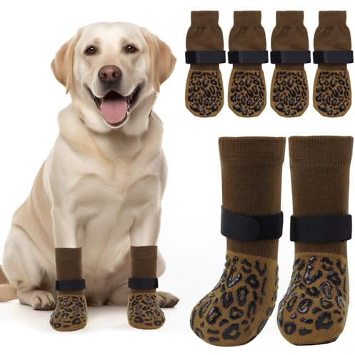 PICK FOR LIFE Hundesocken 2 Paar Anti-Rutsch Socken für Hunde Doppelseitige mit Verstellbaren Riemen für Innenbereich (Braun, L)