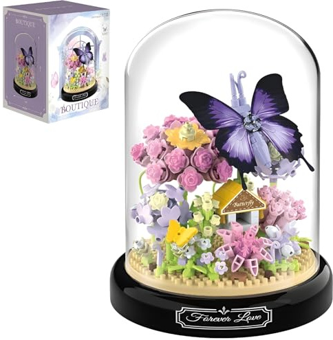 Blumen Bausteine Set, 582 Teile Schmetterlings Blumenstrauß Micro Mini Baustein, Künstliche Blumenstrauß Insekten Pflanzen Mit Staubdichte Kuppel Und Sockel, Heimdekoration, Ideen Geschenk