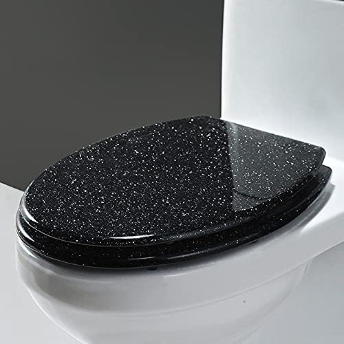 Sparkling Glitter Toilet Seat with Soft Close Lid and Non Slip Bumpers Elongated Toilet Bowl Seat in Black Glitter for Stylish Bathroom Décor