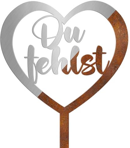 Photect Herz Grabstecker Grabschmuck mit Spruch Du Fehlst Wetterfester Grabschmuck Herz Grabdekoration Metall Stahl Rost Edelrost Friedhof Deko für Erinnerung Andenken Trauer