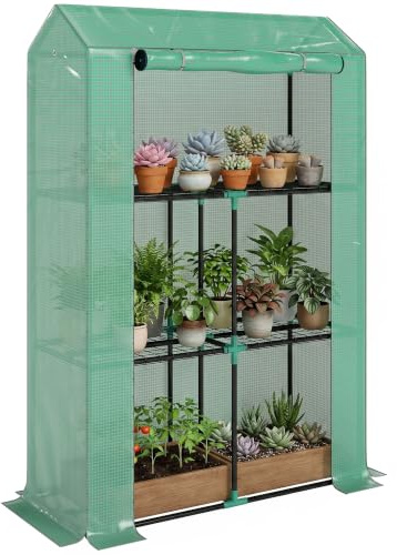 Outsunny Gewächshaus Regale Rolltür Winterfest Garten 100x40x150cm Grün | Foliengewächshaus aus Stahl, Treibhaus für Balkon, Tomatenhaus mit UV Schutz, Tomatengewächshaus für Gemüse Blumen Pflanzen
