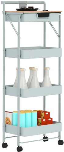 HOMCOM Carrito Auxiliar con Ruedas de 4 Niveles 3 Cestas Verde Claro | Carro de Cocina, 1 Cajón, Carrito Organizador, Dormitorio Salón Oficina