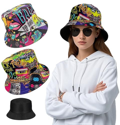 TUONYIS 2 Stücke Fischerhüte Bucket Hat, Retro 80er 90er Jahre Stil Fischerhut, Unisex Doppelseitig Sommerhut, für Disco Hip Hop Outdoor