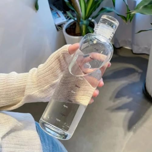 Botella de agua de vidrio de 500 ml con tapa de cristal, botella de escritorio de gran capacidad de 17 onzas con marcas de tiempo, vasos sin BPA (sin funda negra, 500 ml)