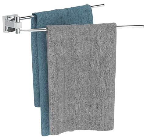 WZRUA Swivel Towel Rail, 180° Rotate Towel Rack Square Base,Stainless Steel Bathroon Kitchen Wall Mounted Towel Rack Holder with 2 Swivel Bars（Chrome）