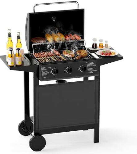 COSTWAY Barbecue Gaz Propane 3 Brûleurs, 24,000 BTU Gril à Gaz Extérieur avec Grilles en Acier Inoxydable Thermomètre 2 Tables Latérales, Chariot à Barbecue sur Roulettes pour Camping Jardin