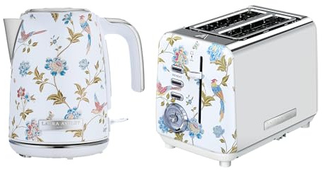 Laura Ashley Ensembles Bouilloire et Grille-Pain par VQ – Bouilloire Electrique 1,7 L à Ébullition Rapide et Grille-Pain 2 Tranches avec Fonctions Décongélation et Réchauffage – Elveden Blanche