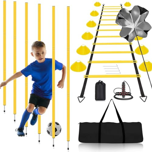 YHOTOGEA Slalom Poles Football Training Equipment, 6 Slalom Poles, 6m Agility Ladder, 12 Soccer Cones, Skipping Rope and Resistance Parachute, Football Training Set for kids or adult