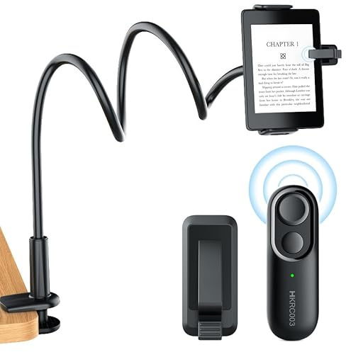 CNARIO Schwanenhals Halterung mit Kindle RF-Fernbedienung zum Seitenwenden | Lesen für eReader, Tablethalter mit Page Turner, Ebook-Umblätter-Zubehör für Reader Ständer, idealer Halter für Bett