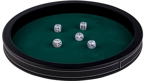 Engelhart-300801 – Poker Tisch Einsatz Rund 34 cm Luxus – Schwarzes Kunstleder – Grünes Filz Inlay – Hohe Ränder – 5 Würfel Inklusive – Würfelspiel Zubehör