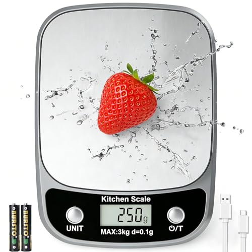 Rechargeable Digital Kitchen Scales,11lb/0.1oz,5kg/0.1g,IPX6 Waterproof Food Scales with LCD Display,Stainless Steel Electronic Scales Kitchen for Food Weight,Baking,Cooking,Meal Prep,Type-C Charging